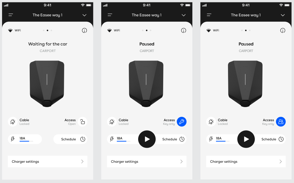 Three screen images of the Easee app, each showing a different access level.