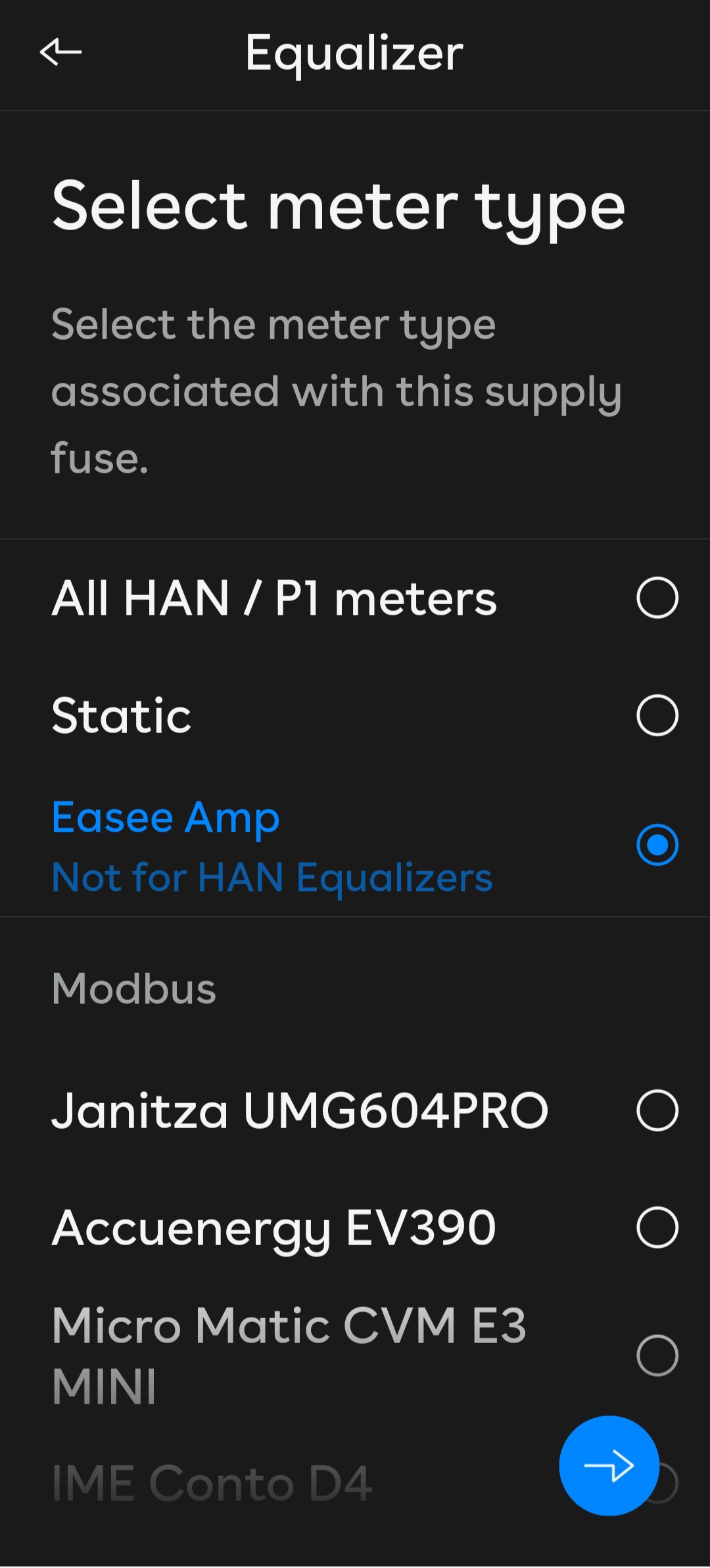 A screen of meter types, with a radio selection button next to each.