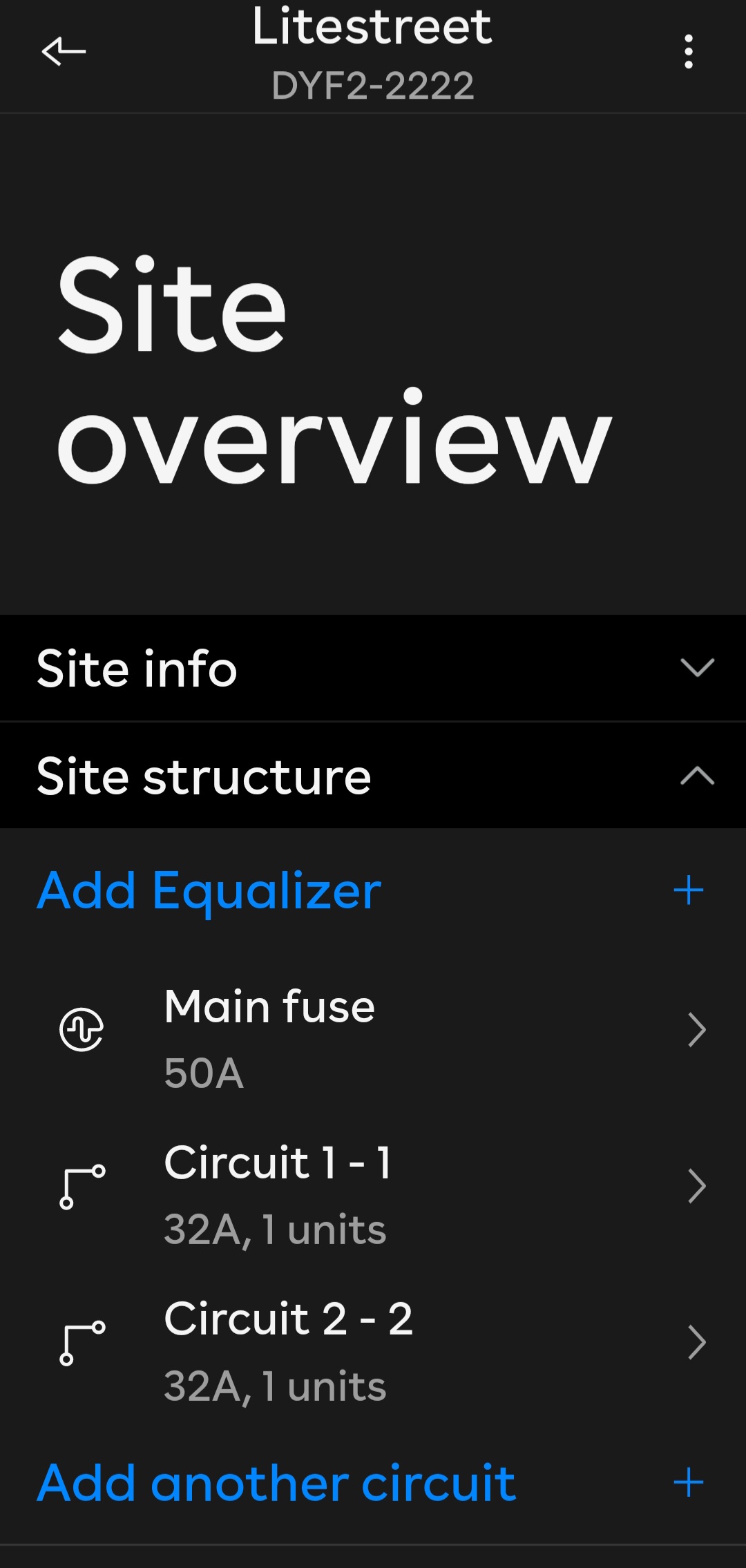 Screenshot of Site overview card for a site in the installer app.