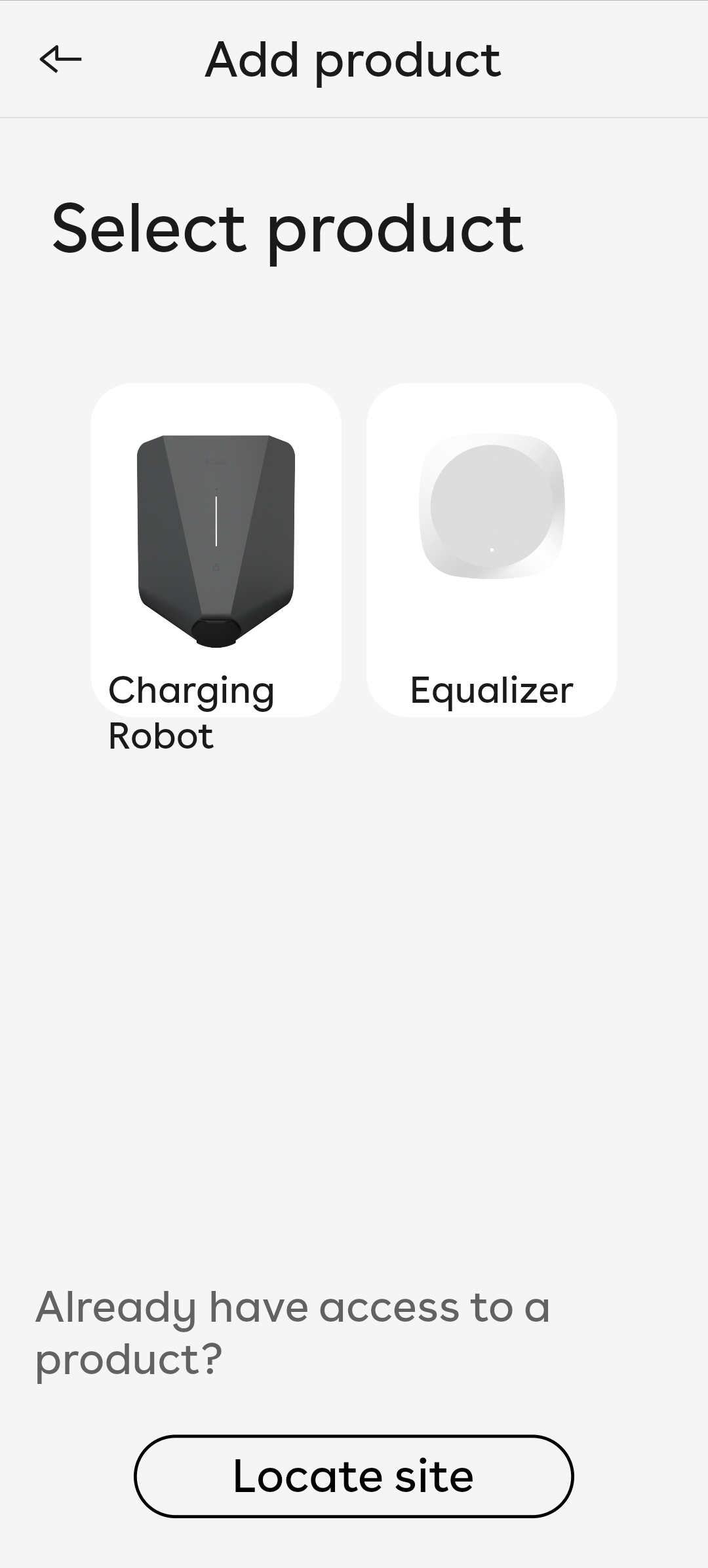 The Add product card, showing the Charging robot on the left, and an Equalizer on the right.