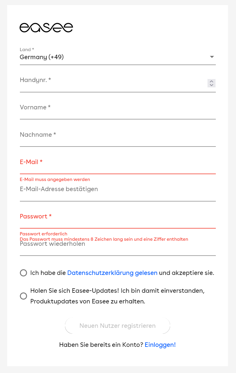 Registrierung und Login Easee Hilfe