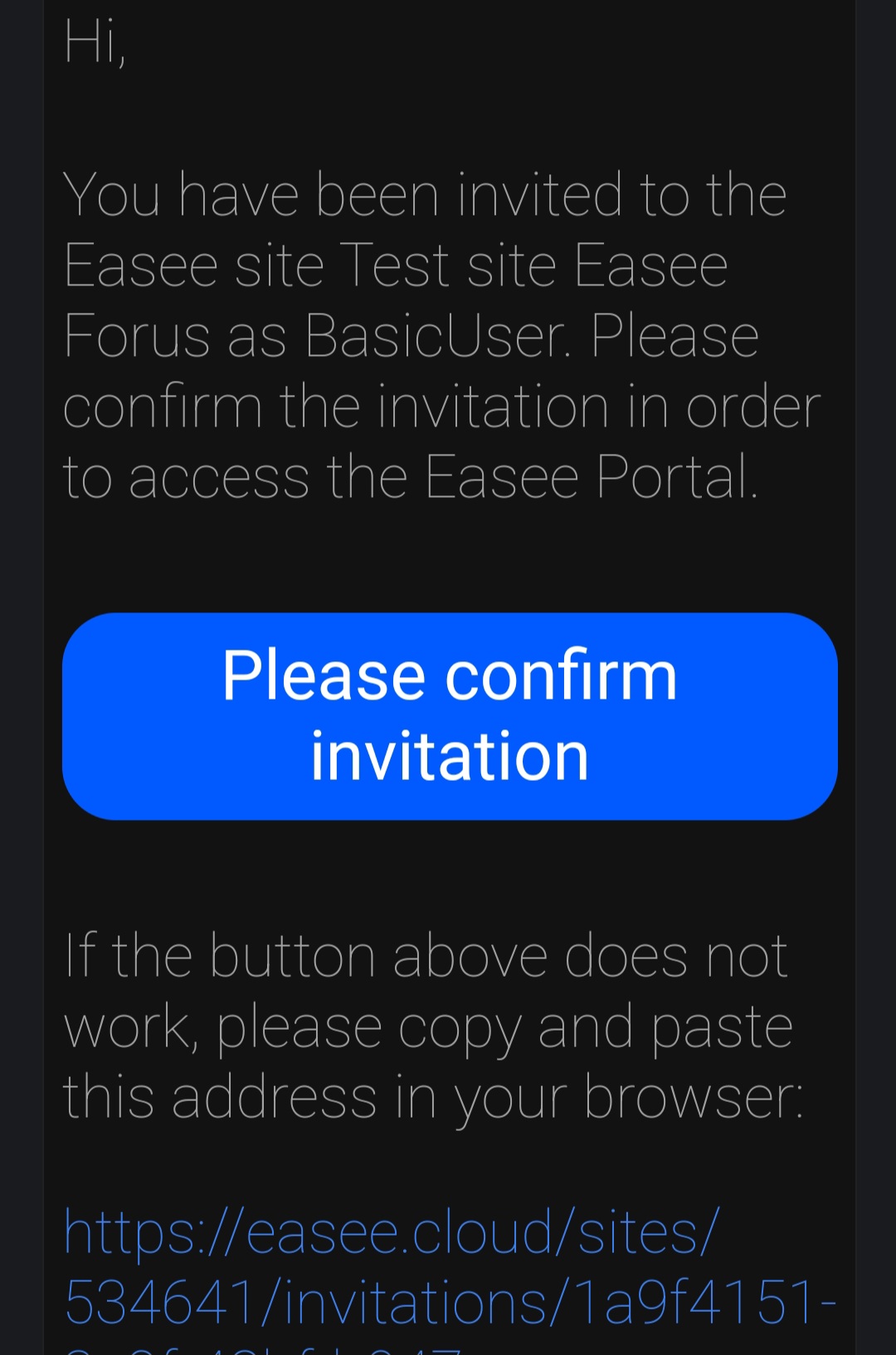 Screenshot of site owner invitation email