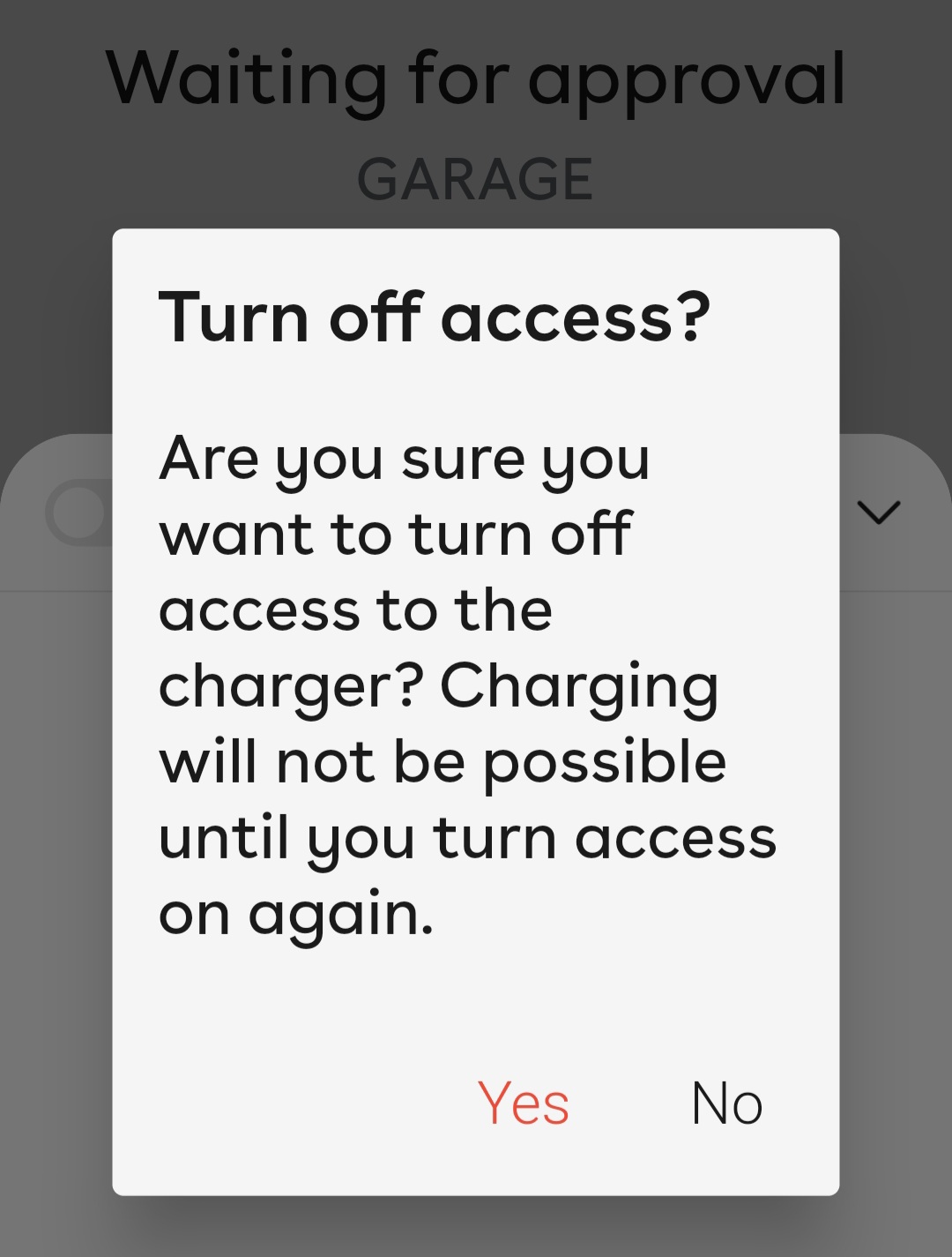 a popup screen over the app asking to verify turning off all access.