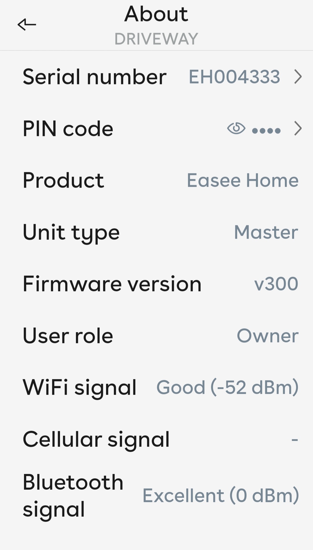 app screenshot showing basic charger information