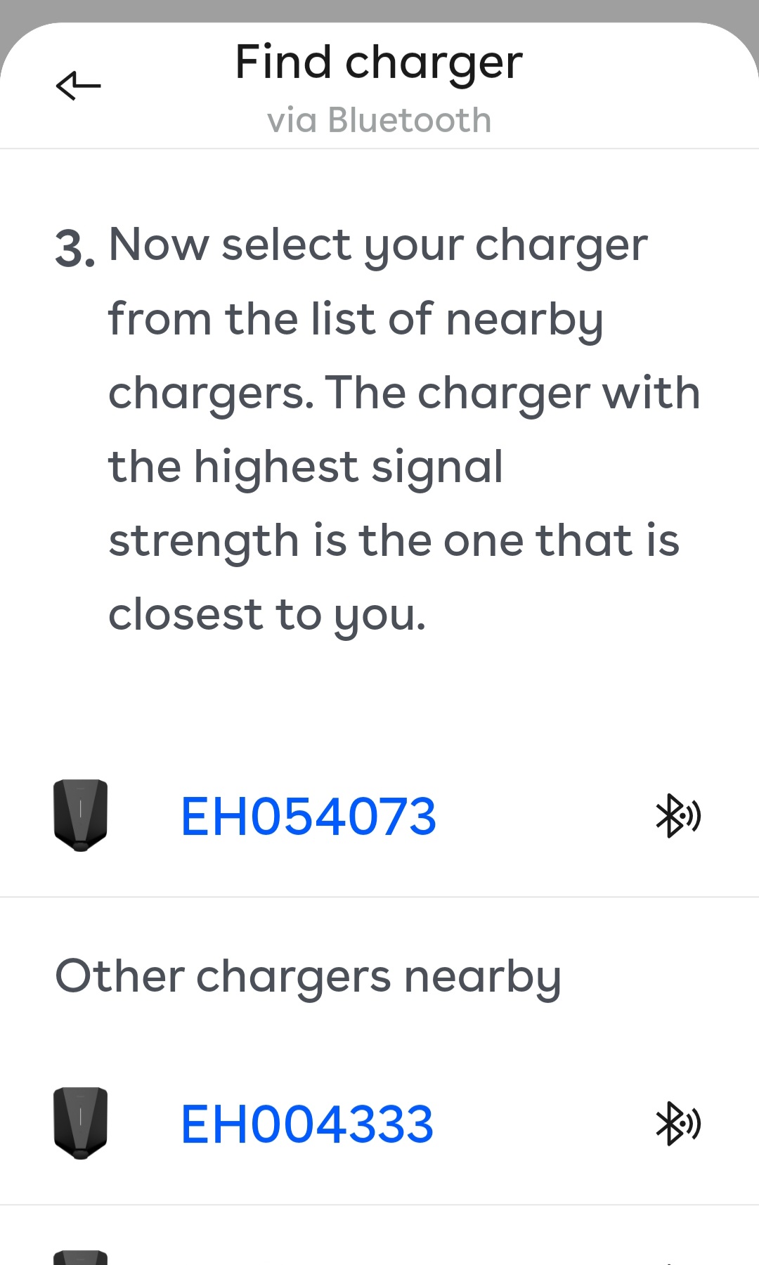 A screenshot of the Easee app showing all local chargers, by serial number, with bluetooth turned on.