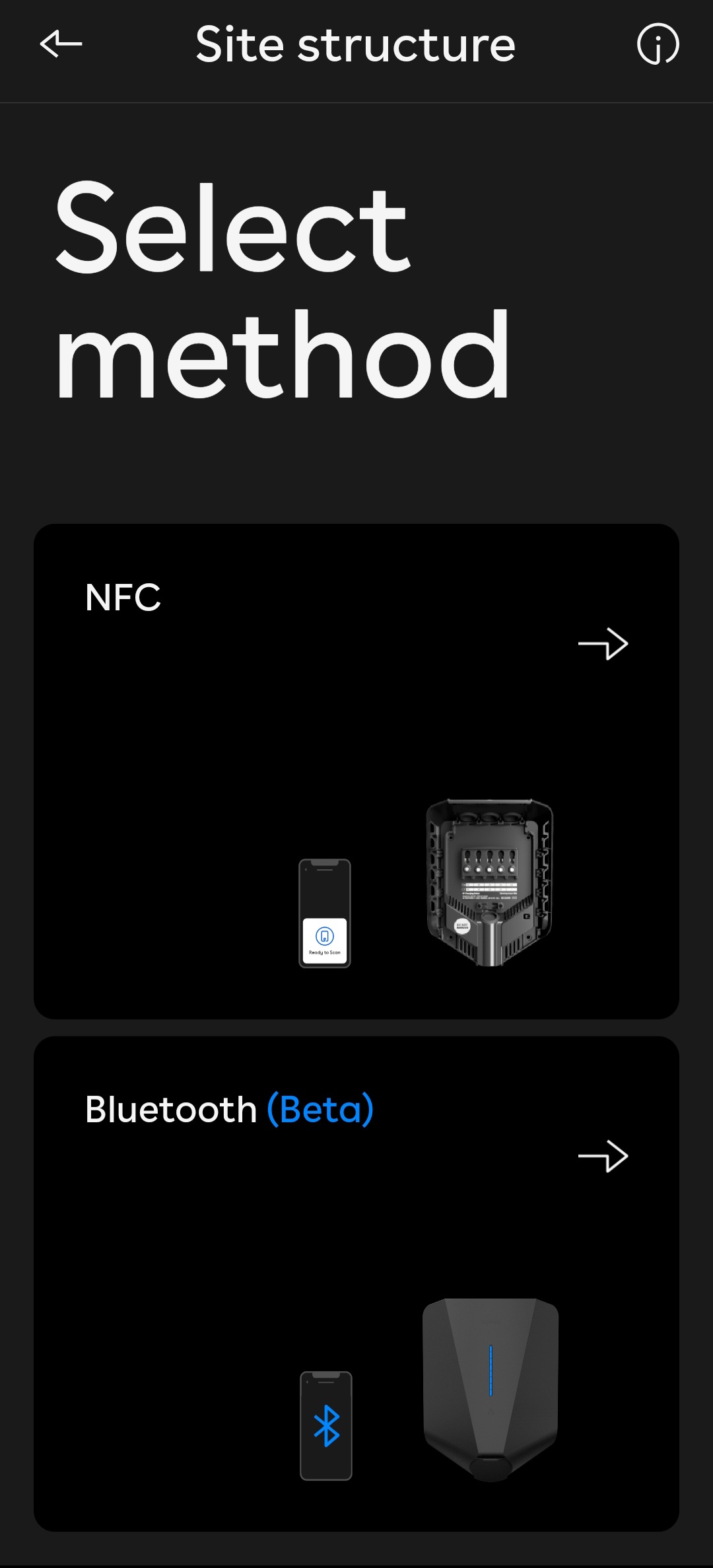 Choice of NFC with illustration, or Bluetooth with illustration