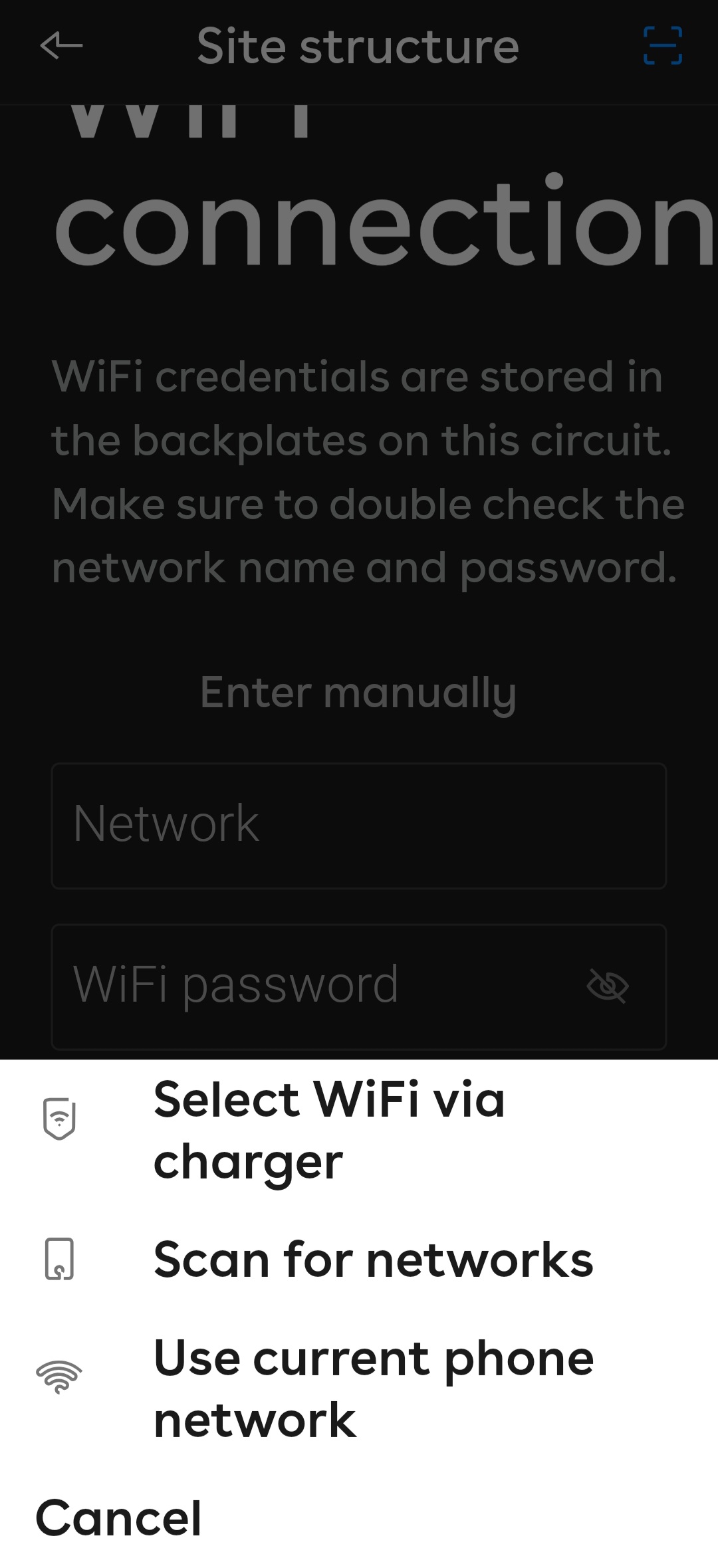 a popup at the bottom of the screen over the WiFi connection page that lists three methods of scanning for WiFi