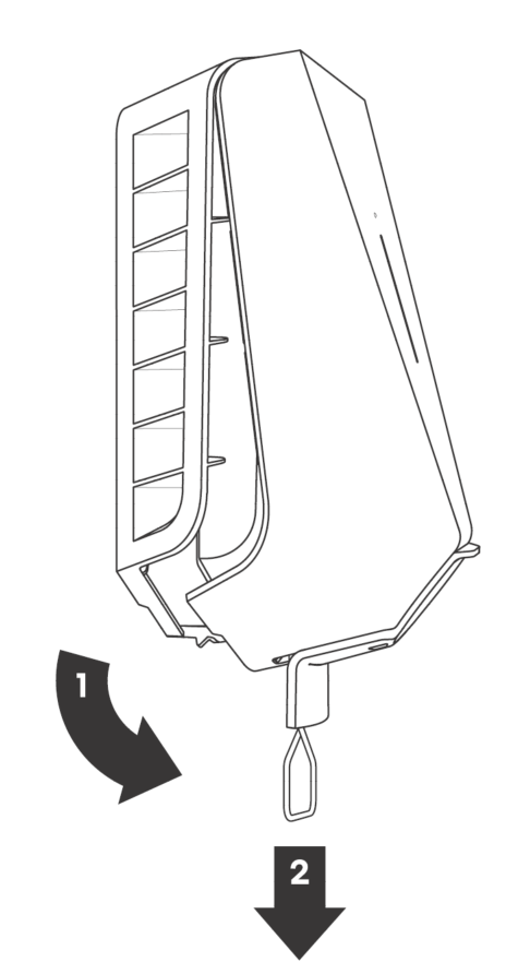 A technical illustration of the charger with the removal tool inserted. Arrows describing and marking each step are also present.