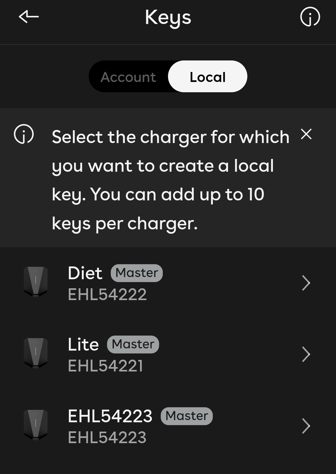 The local tab shown, with chargers to select.
