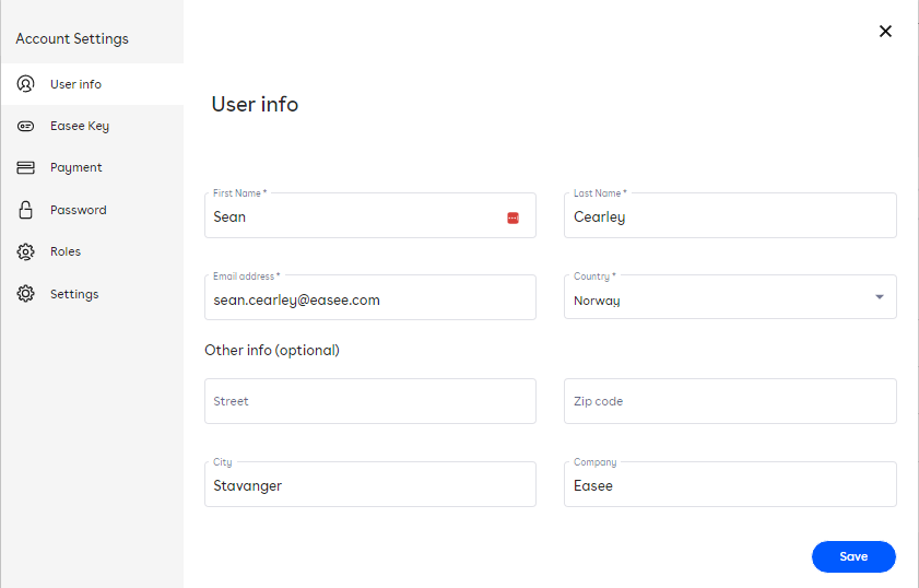 The account settings screen