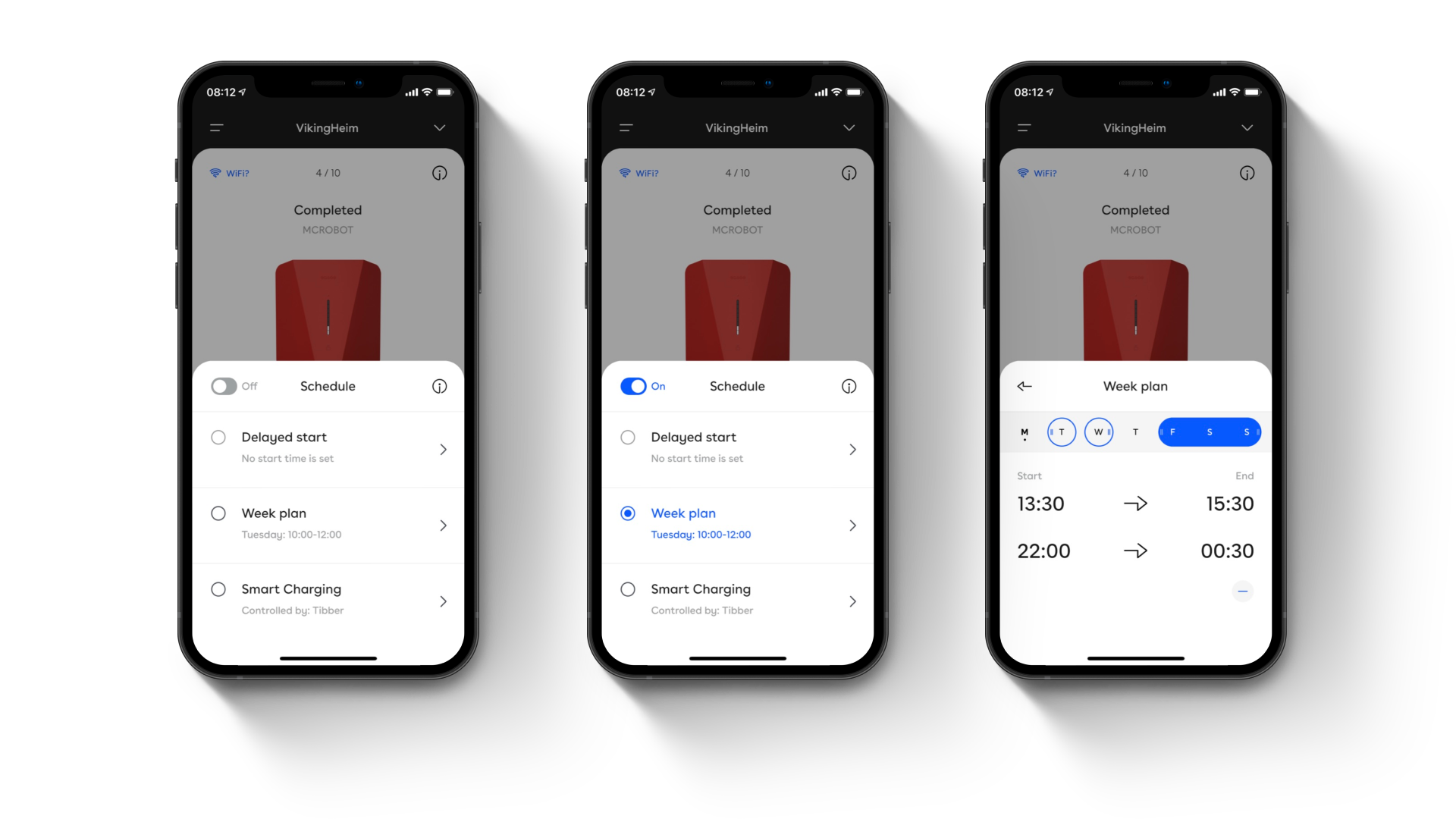 Drie Easee-appschermen met het optrekmenu voor planning worden weergegeven. Het eerste heeft niets geselecteerd, het volgende toont de schakelaar voor planning op Aan en de keuzerondje voor Weekplan geselecteerd, en de derde toont het weekplanplanningscherm.