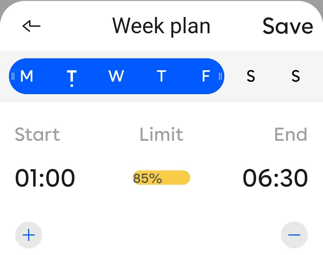 Een deel van het scherm wordt getoond. Bovenaan staat Weekplan. Vijf kalenderdagen zijn gemarkeerd. Aan de linkerkant, onder Start, is 01:00. Er is een gele balk waar de pijl 85% aanwees.
