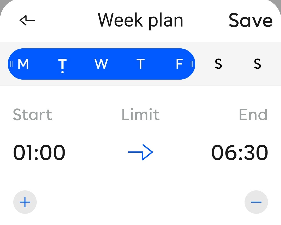 En del av skjermen vises. Øverst står det Ukeplan. Fem kalenderdager er uthevet. På venstre side, under Start, er det 01:00. Det er en pil som peker mot Slutt, med en tid på 06:30. Ordet Begrensning vises over pilen.