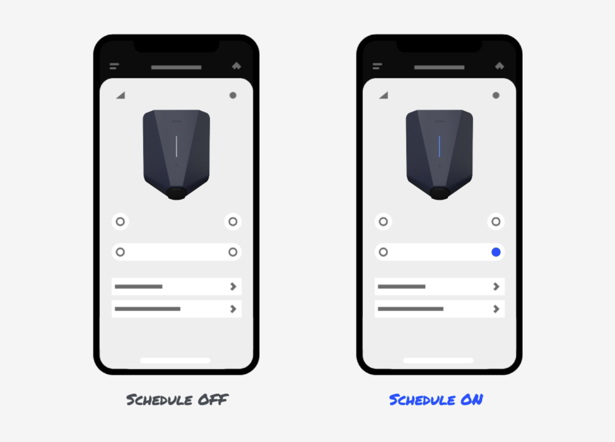 Twee schermen, elk met de Easee App, een toont geen van de selecties gemarkeerd en er staat Schema Uit. De andere heeft een enkel item gemarkeerd, de rechterboven selectie van de centrale groep van vier. Onder het scherm staat Schema Aan.