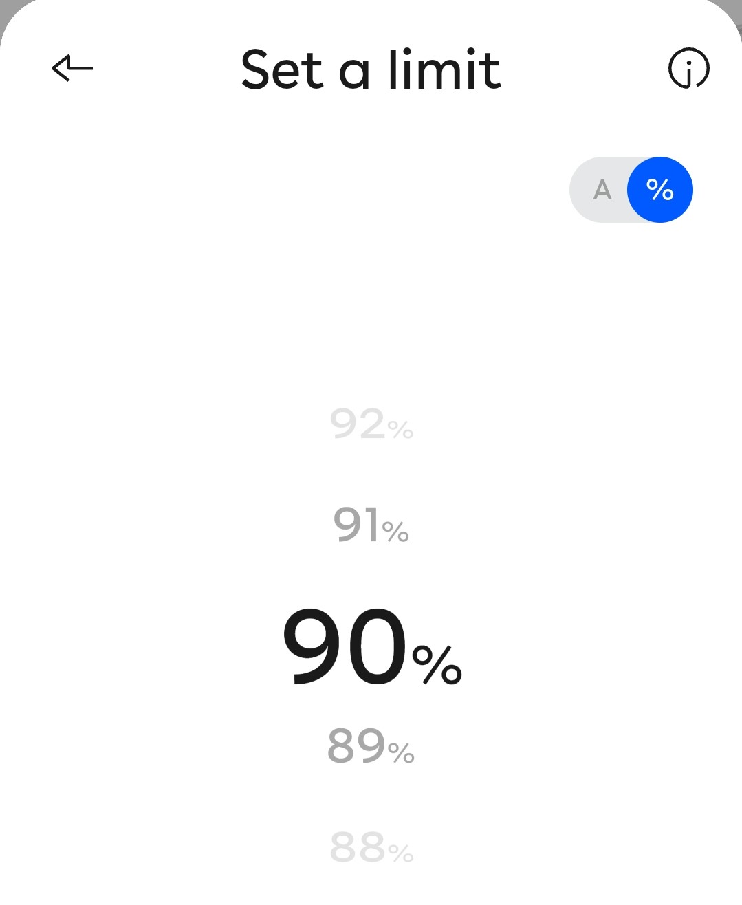 En skjerm som viser et utvalg av mulige prosentandeler for å begrense ladekapasiteten til.