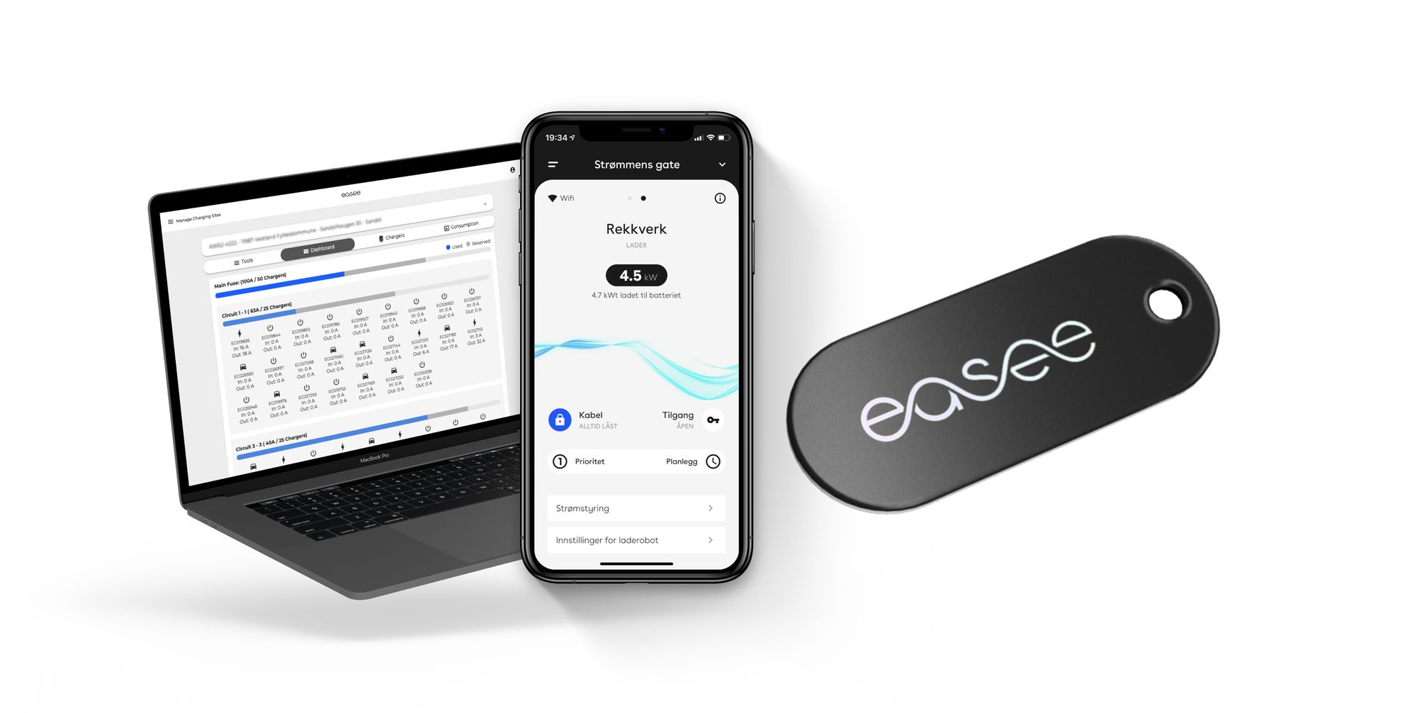 et bilde av en bærbar datamaskin, en smarttelefon og en Easee-brikke