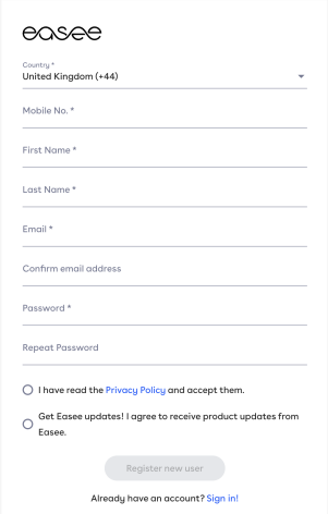Cloud account signup screen