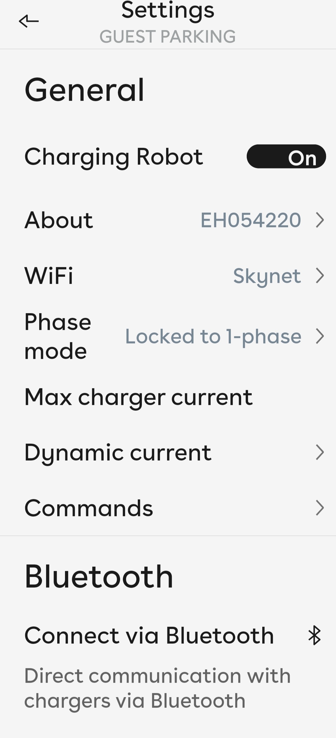 Ladeinnstillingskort. Bluetooth-delen er synlig nederst.
