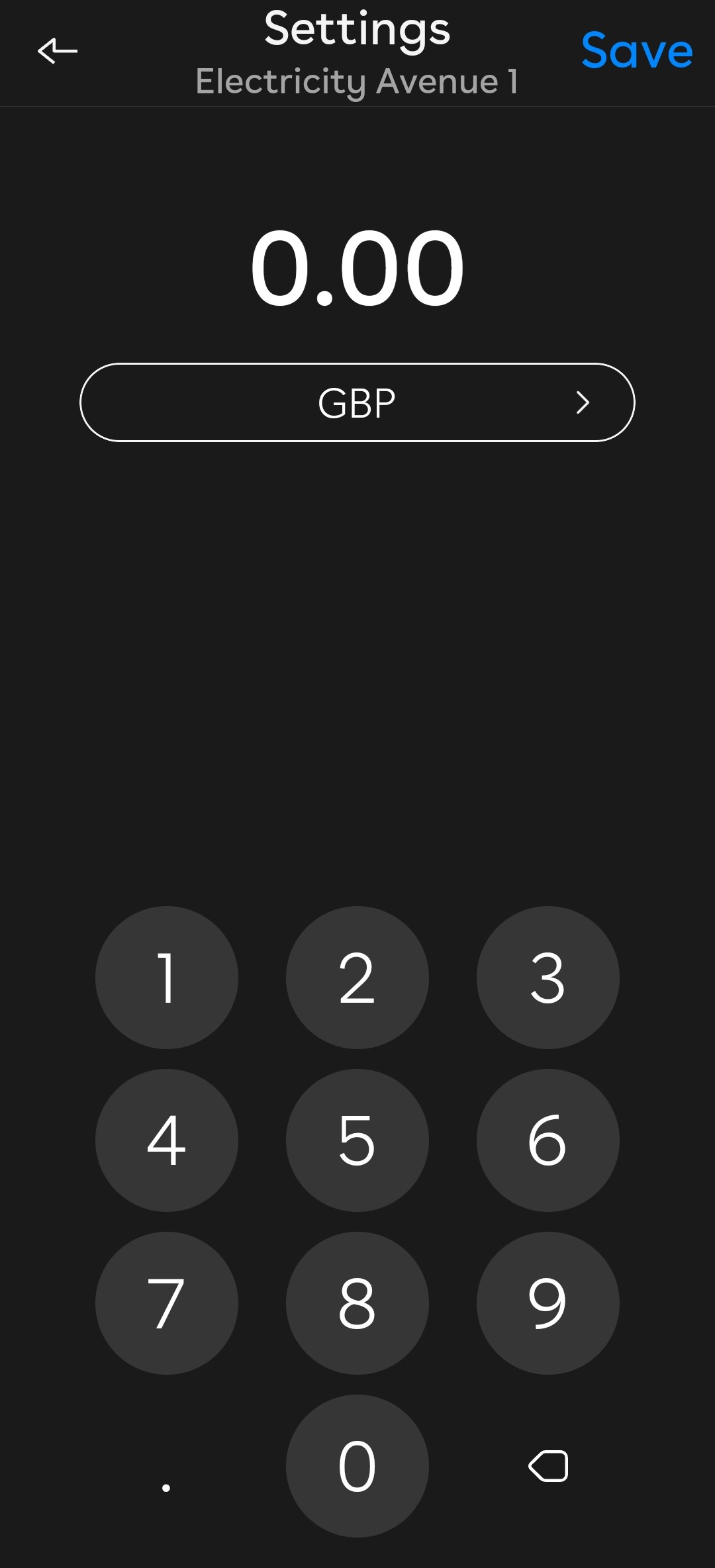 A screenshot of the price settings screen. There is a number at the top showing the value, and a curreny in a drop-down menu. There is a calculator-like keypad below that.