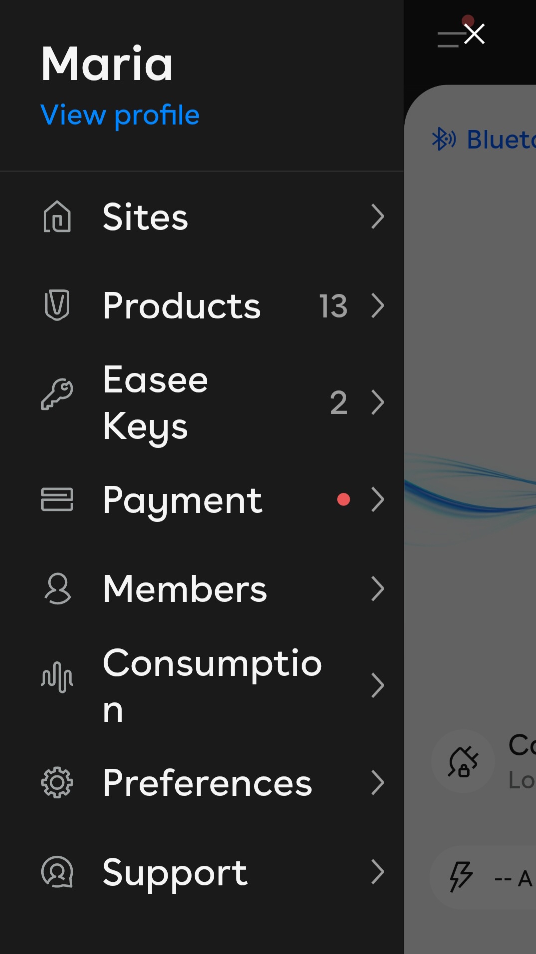 screenshot of the app with the menu open from the side