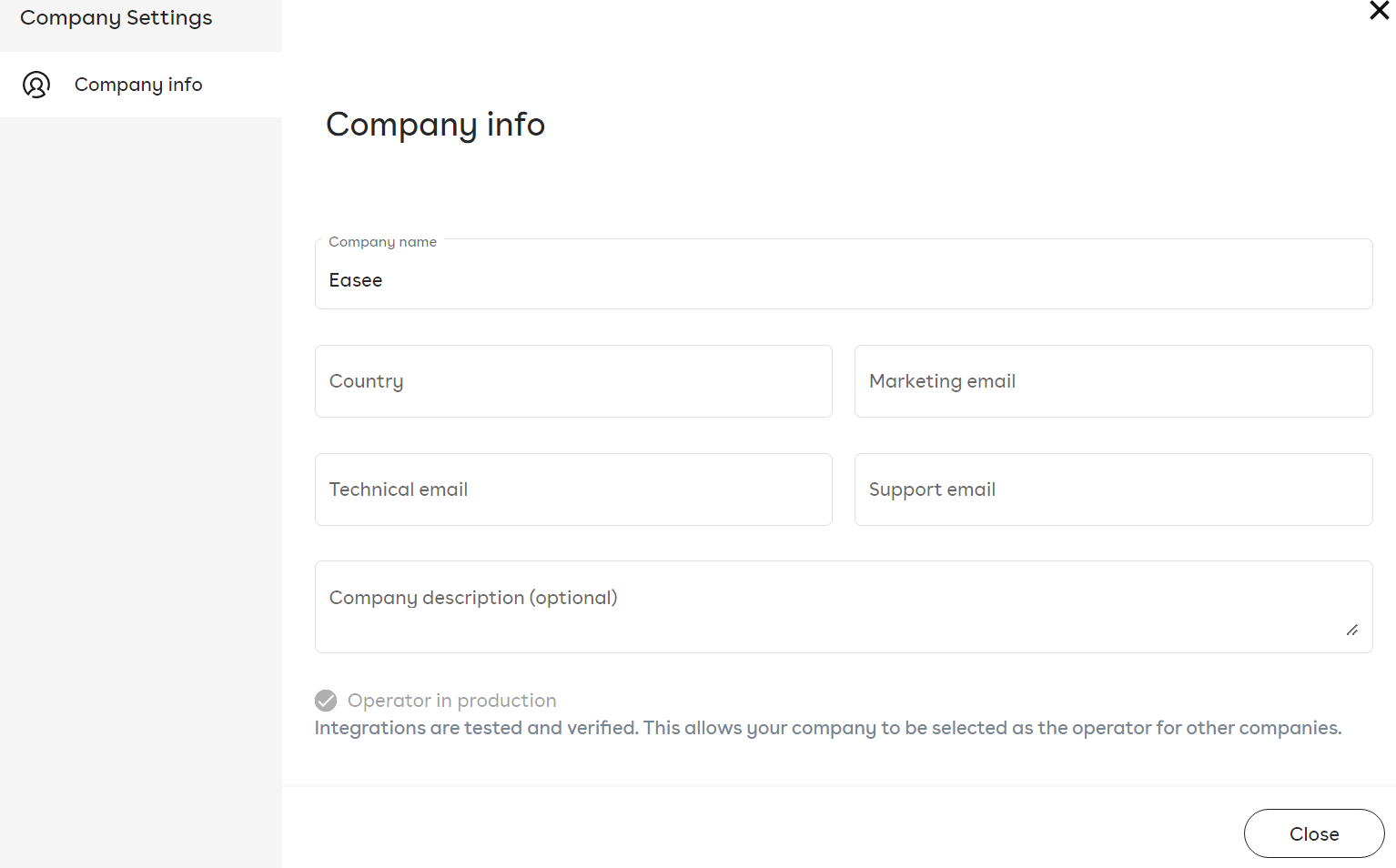 The company contact information screen