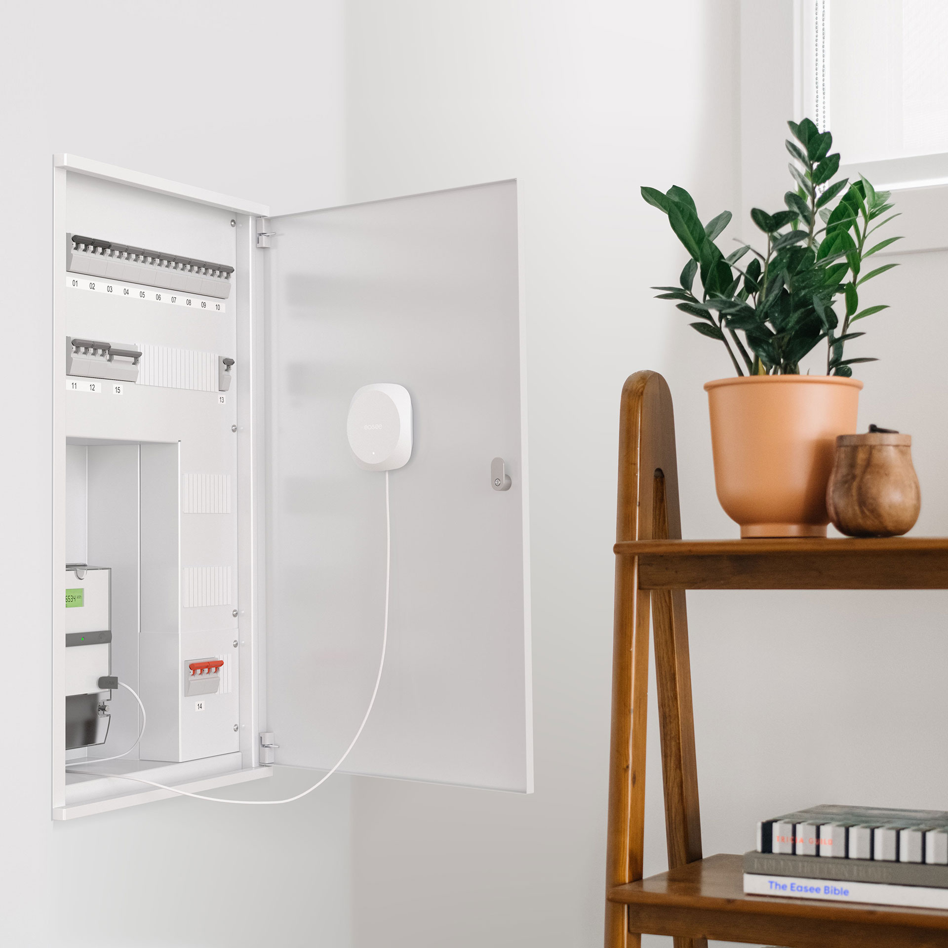 A photo of a fuse cabinet in the home. The cabinet door is open, showing the Equalizer on the inside of the door of the fuse cabinet.