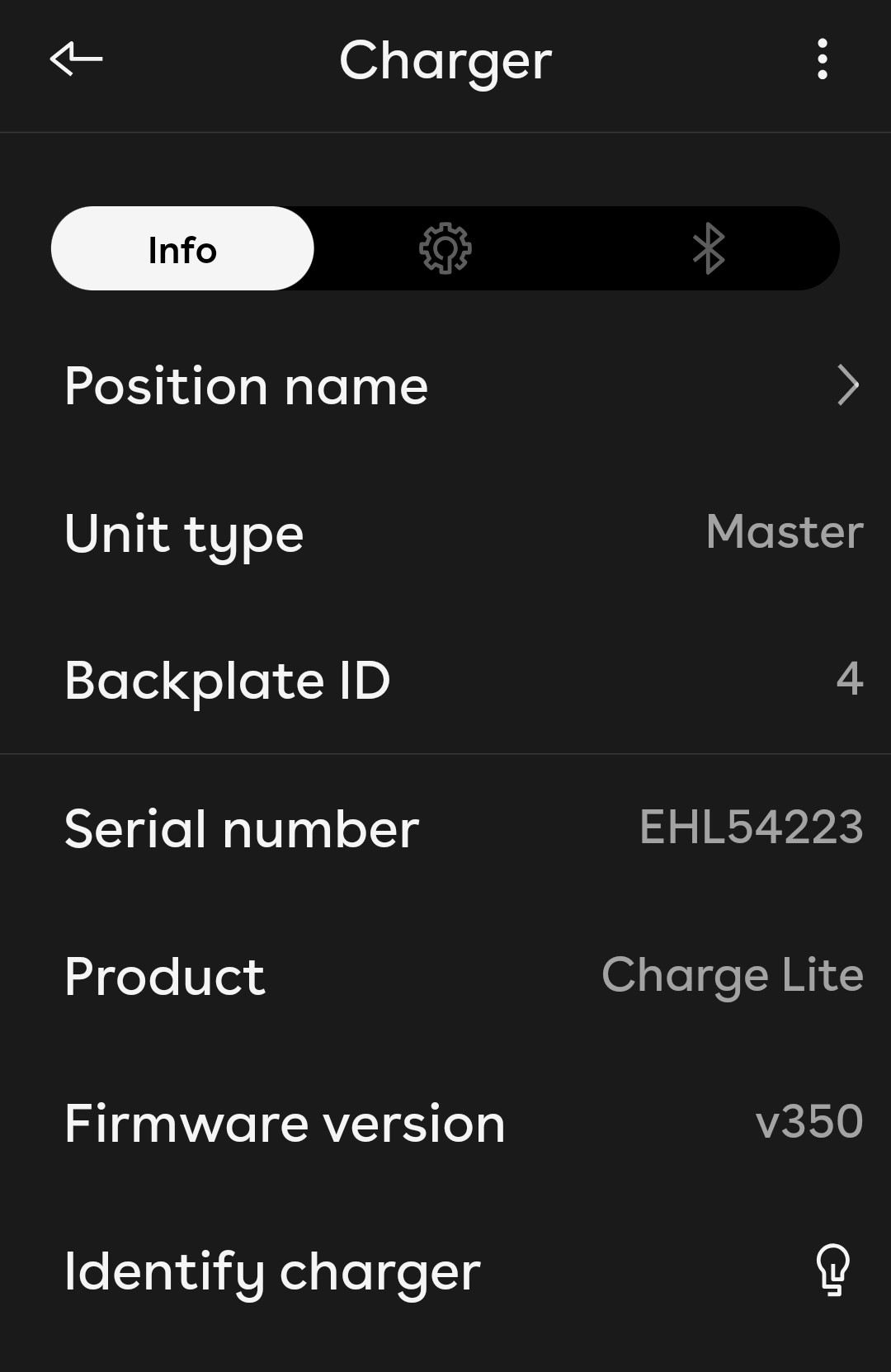 The Charger Info screen for the selected charger.