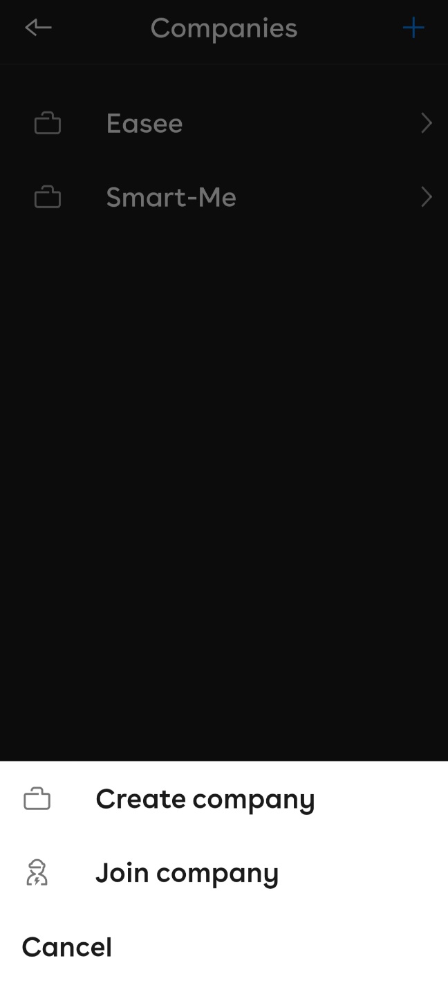 a popup at the bottom of the screen showing Create company and Join company options