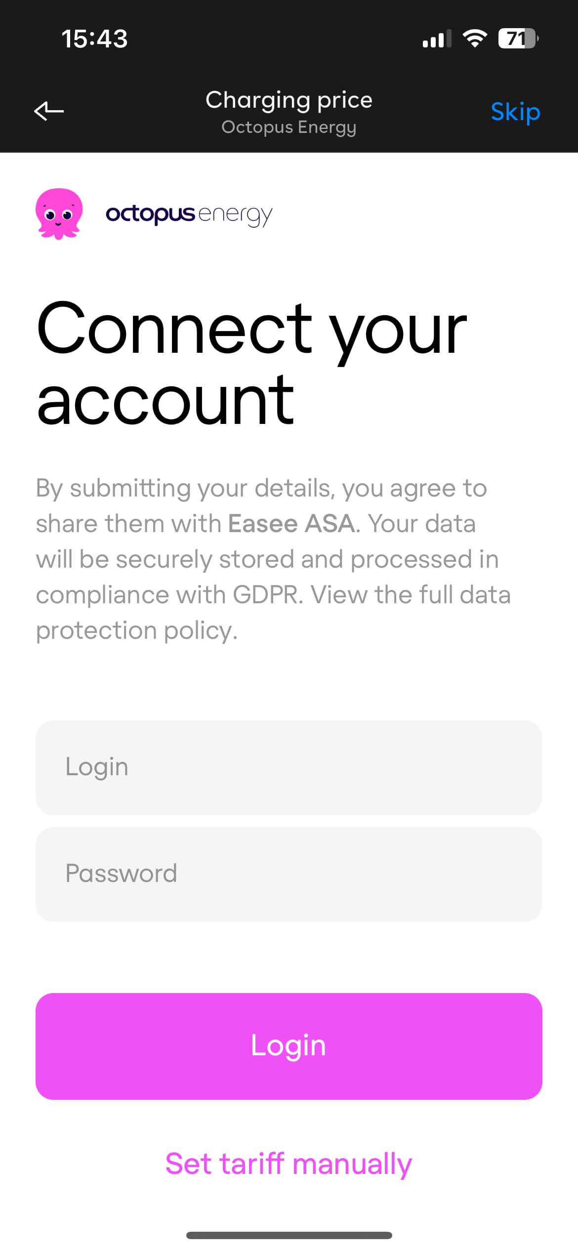 A log in screen for octopus energy.