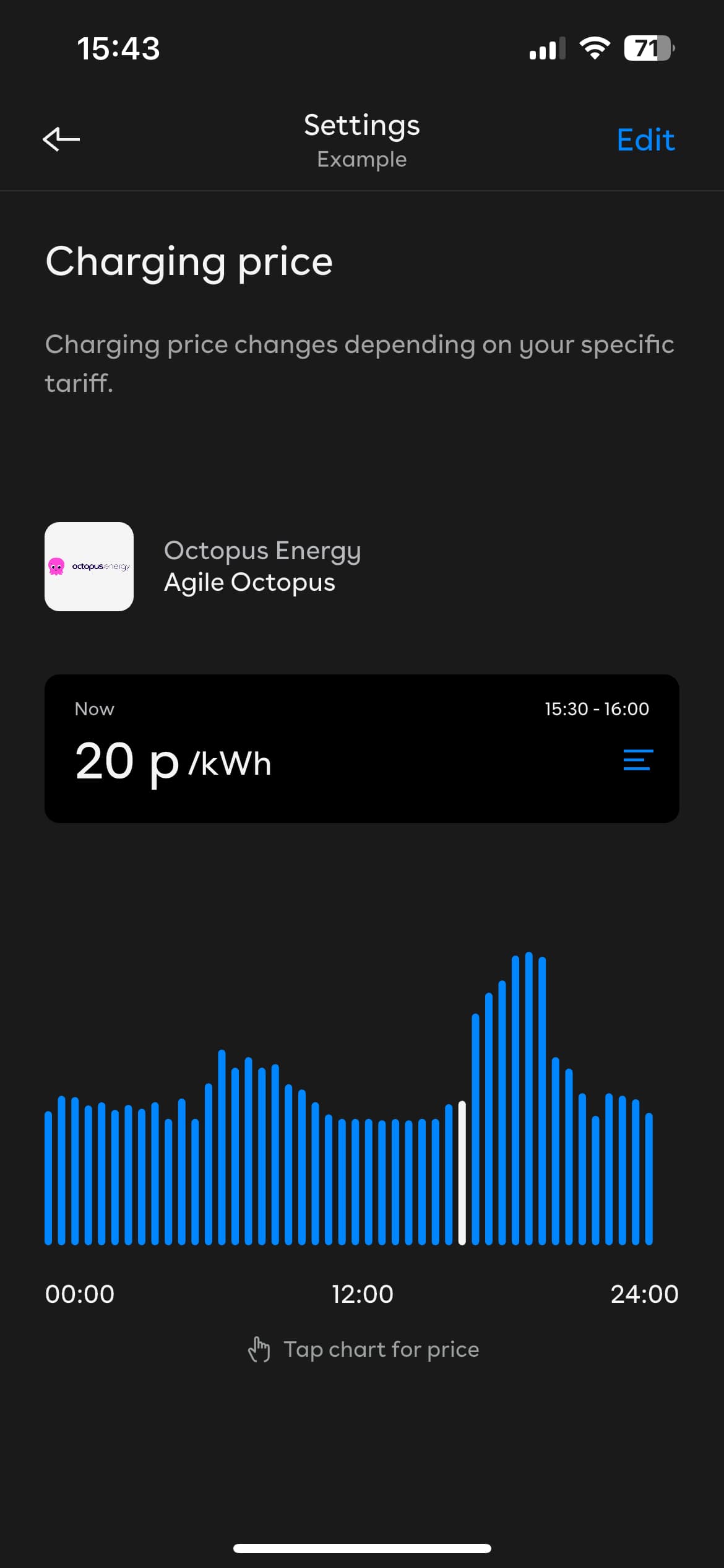 The Charging price screen, showing the energy provider and the tariff cost for the selected time period.