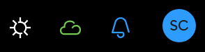 The top right of the screen showing a sun icon, a cloud icon, a bell icon, and a circle with the two initials of the person logged in