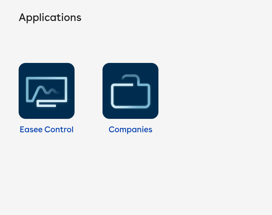 Het applicatiegedeelte van het Controlscherm dat Easee Control en Bedrijven-pictogrammen toont