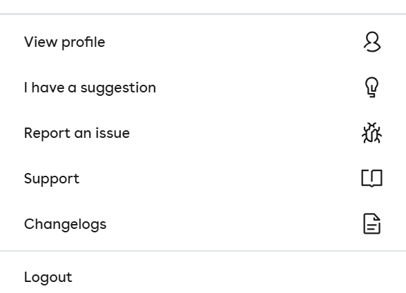 Menyn som visar länken till en användarprofil och metoder för att få hjälp