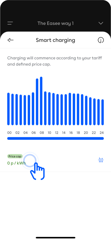 The smart charging schedule, with zero shown for price cap, so all bars in the schedule are grey.