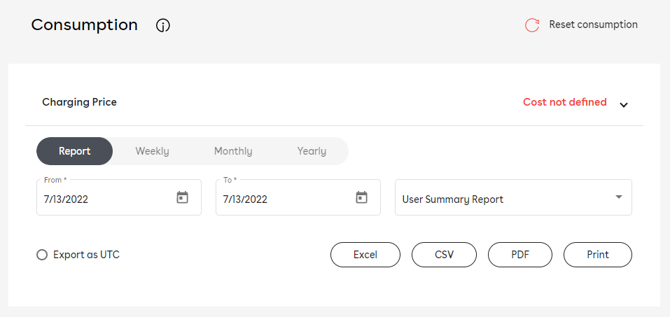 La vue de l'onglet Consommation pour un site sélectionné. Il y a des champs pour les dates de début et de fin, un menu déroulant pour chaque rapport et un bouton pour chaque type de fichier d'exportation.