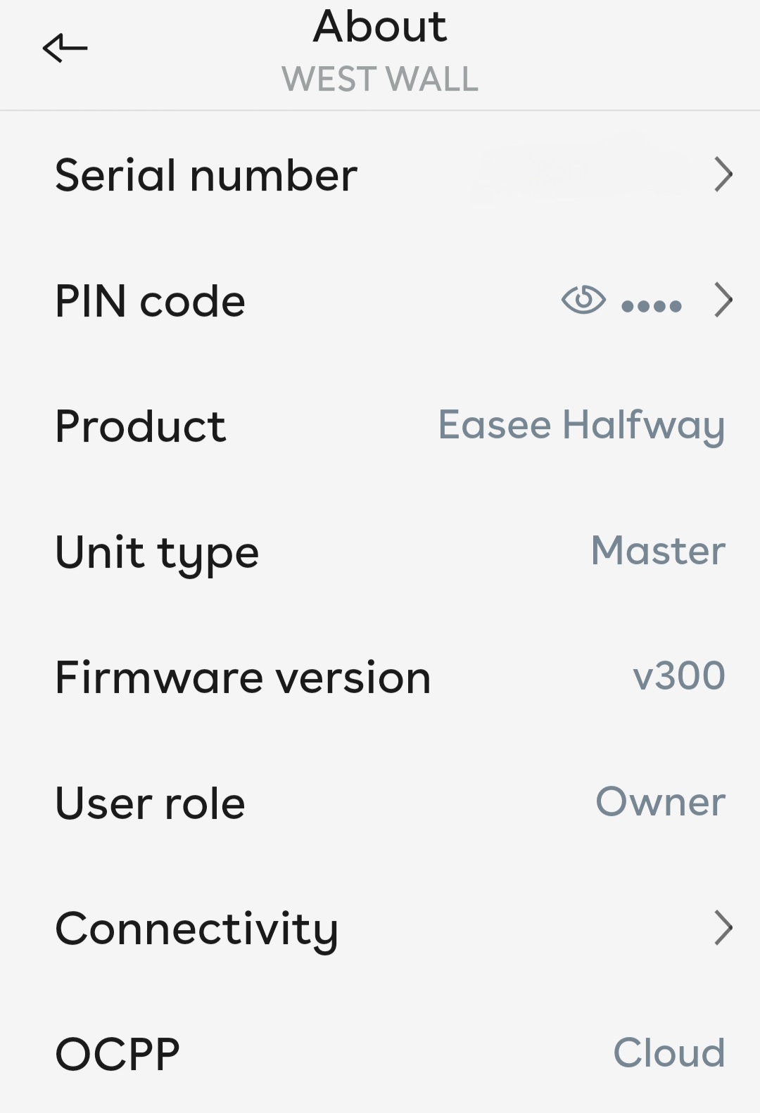 The about screen for the charger, showing specific charger details