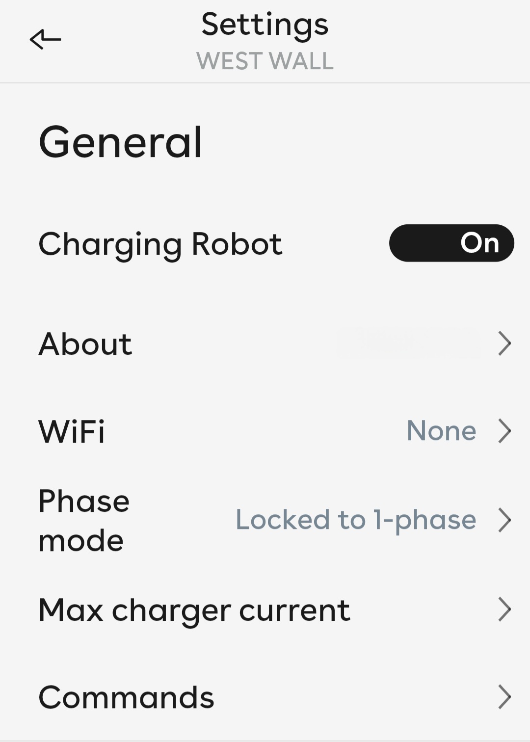 The settings screen for the charger, showing the General section.