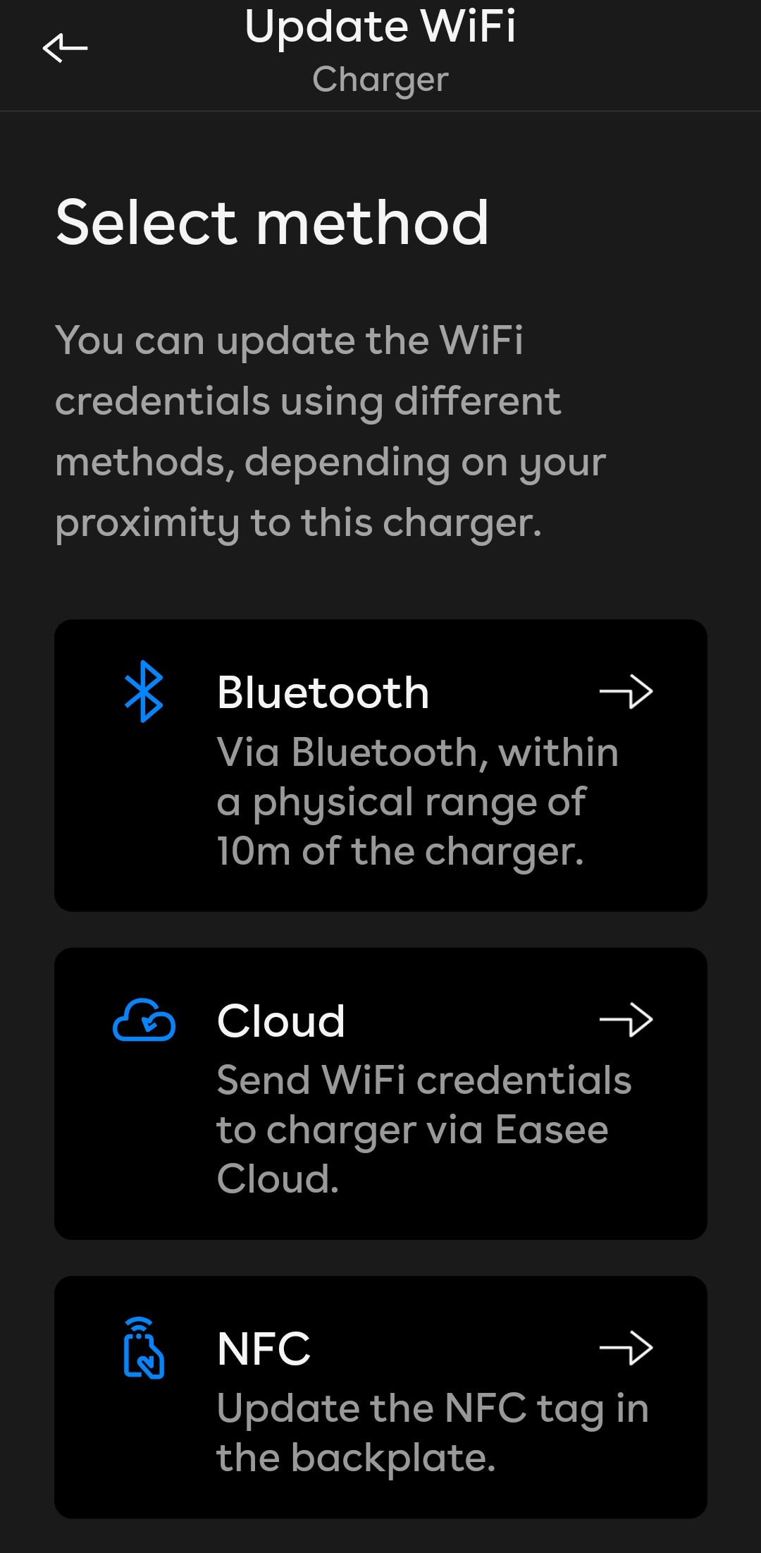 De opties om Bluetooth, Cloud, of NFC te selecteren