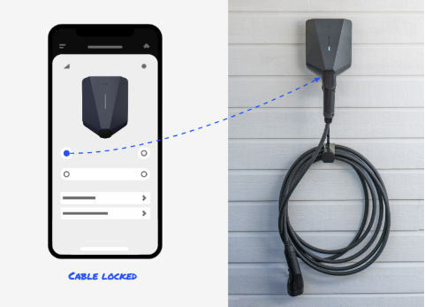 An image showing the Easee app on the left side, and a photo of the Easee charger mounted to a wall on the right side. There is a dotted line connecting the selected button, marked blue, on the App to the Charging unit.