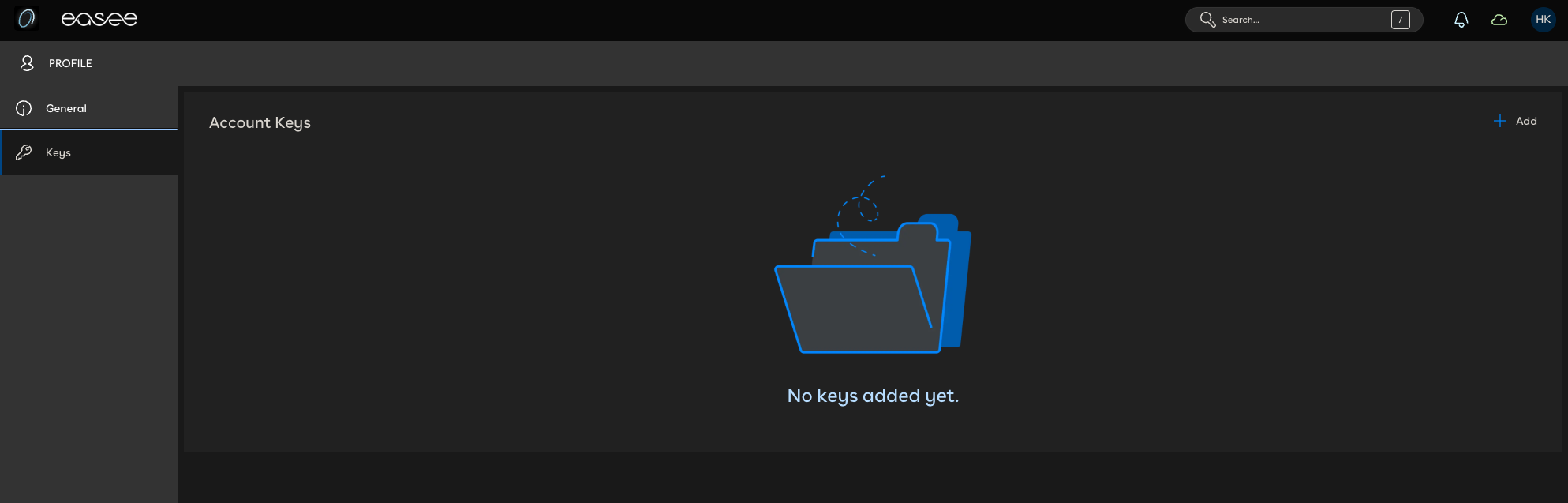 Bereich Account keys in Easee Control mit der Schaltfläche Add