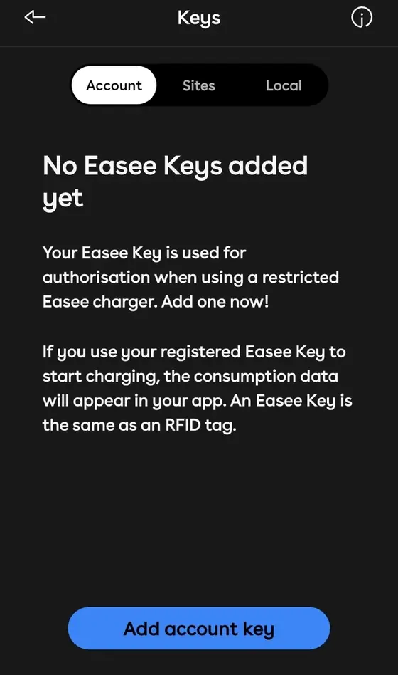 Keys-Ansicht in der Easee App mit ausgewähltem Account-Tab und der Schaltfläche Add account key