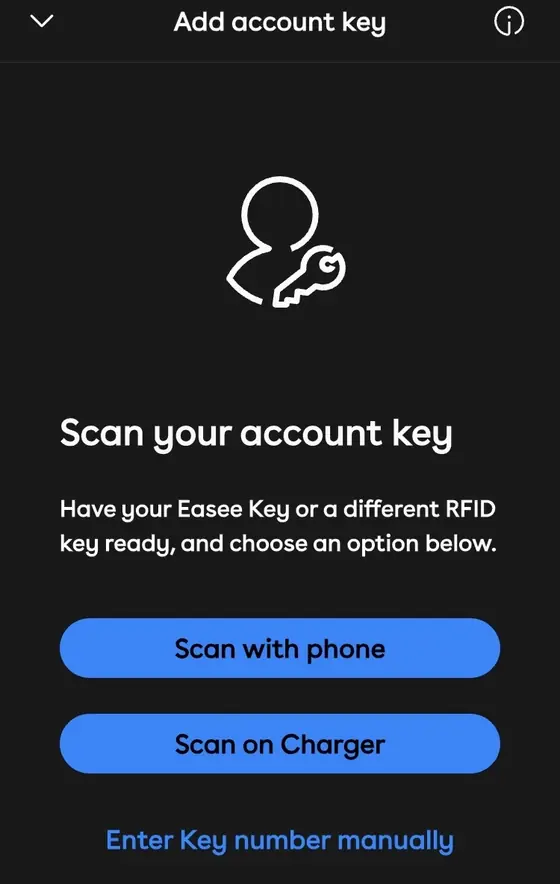 Optionen zum Scannen oder manuellen Eingeben eines Kontoschlüssels in der Easee App
