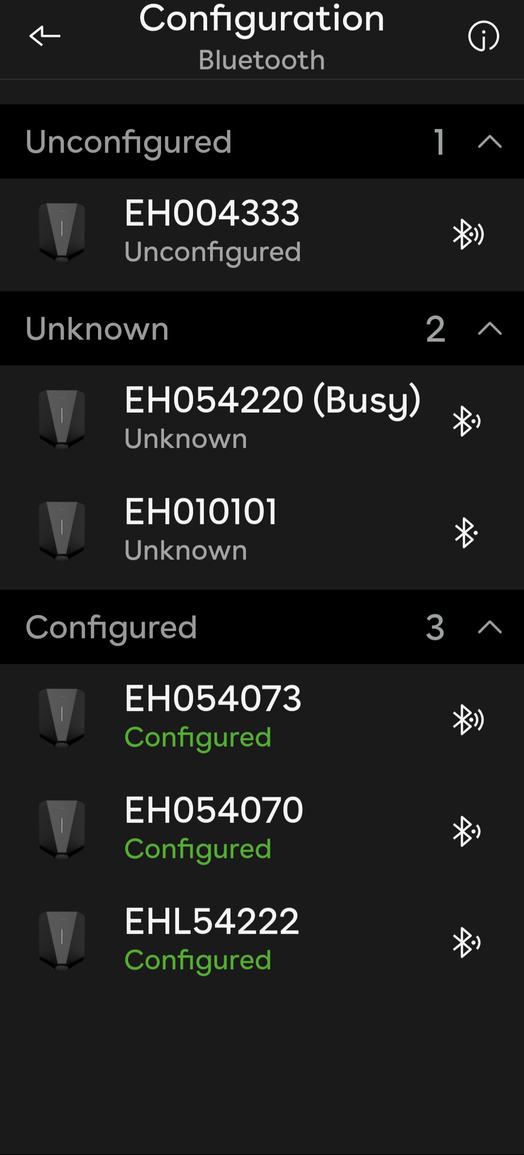 a screenshot of chargers and their configuration status.