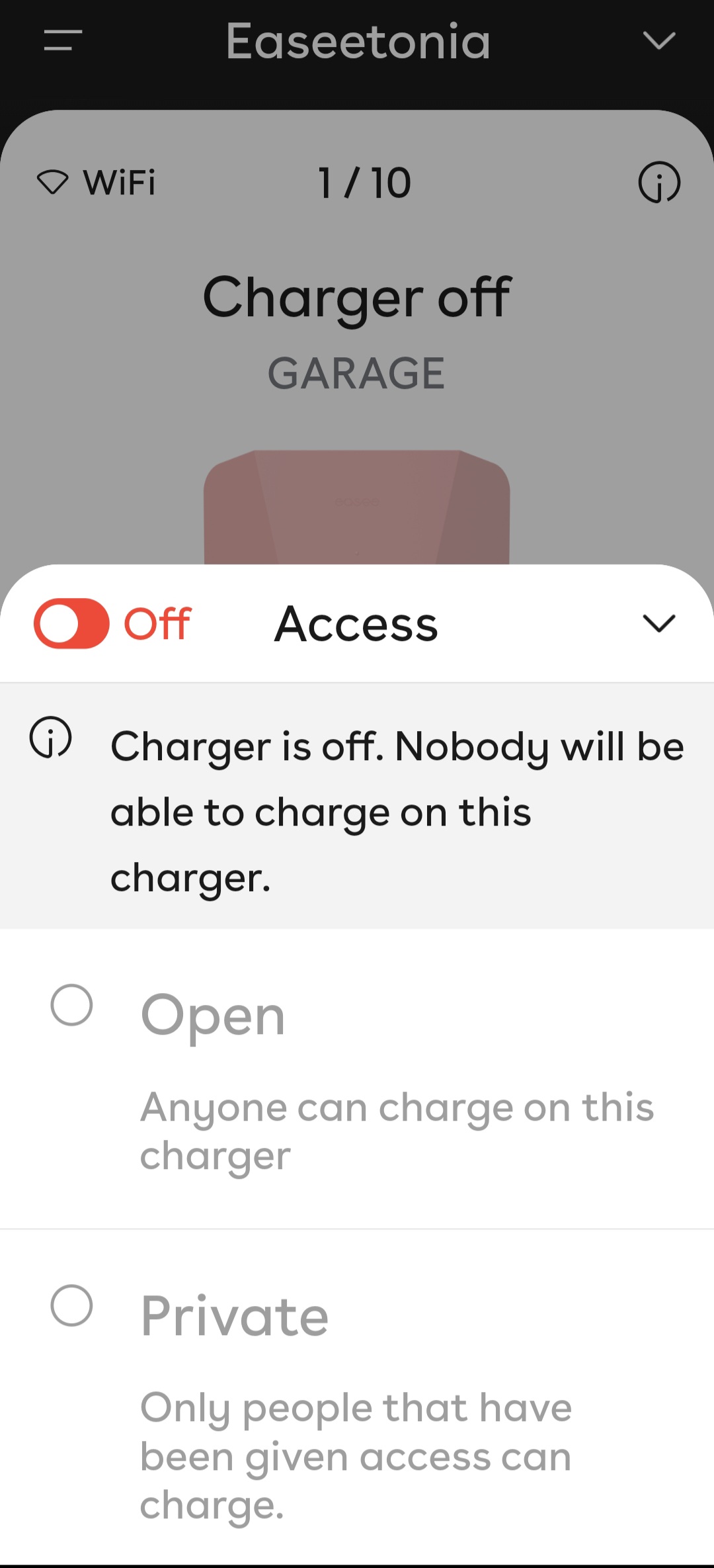 slide-up card for access showing a red on-off switch and all options grey
