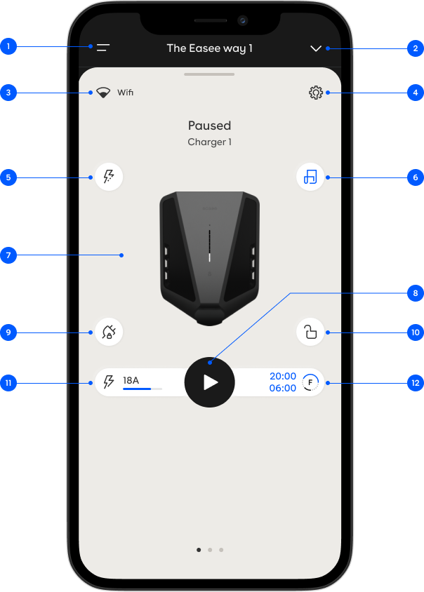 Numbered Easee App charger view with twelve interface elements