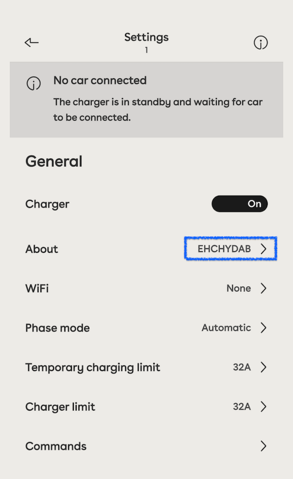 Charger settings in the Easee app with About highlighted