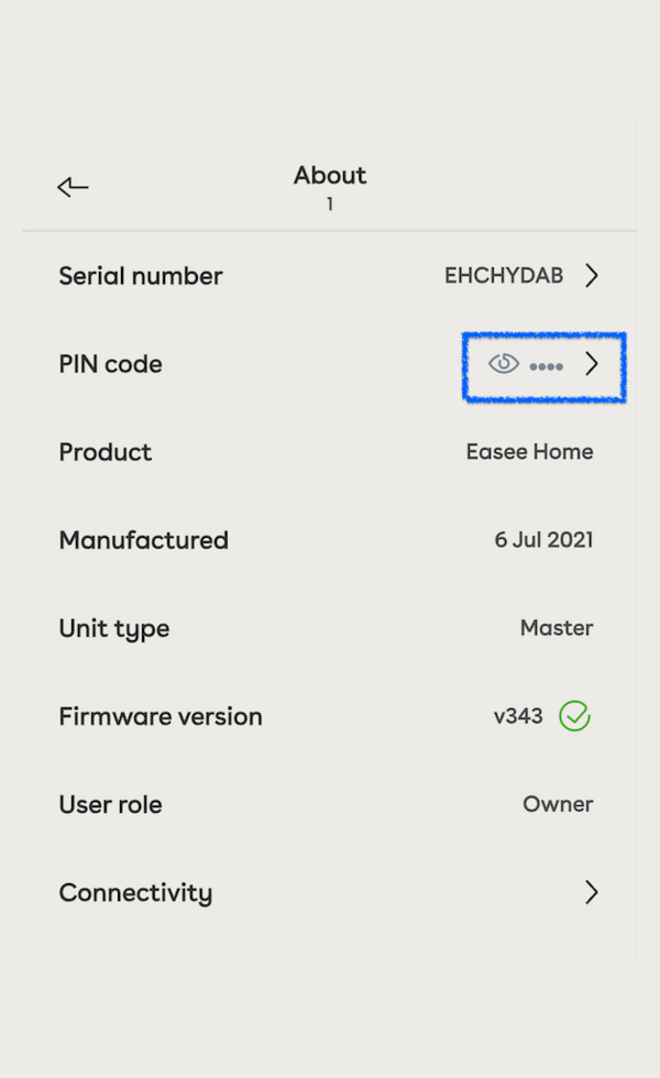 About screen in the Easee app with the eye icon for the PIN code highlighted