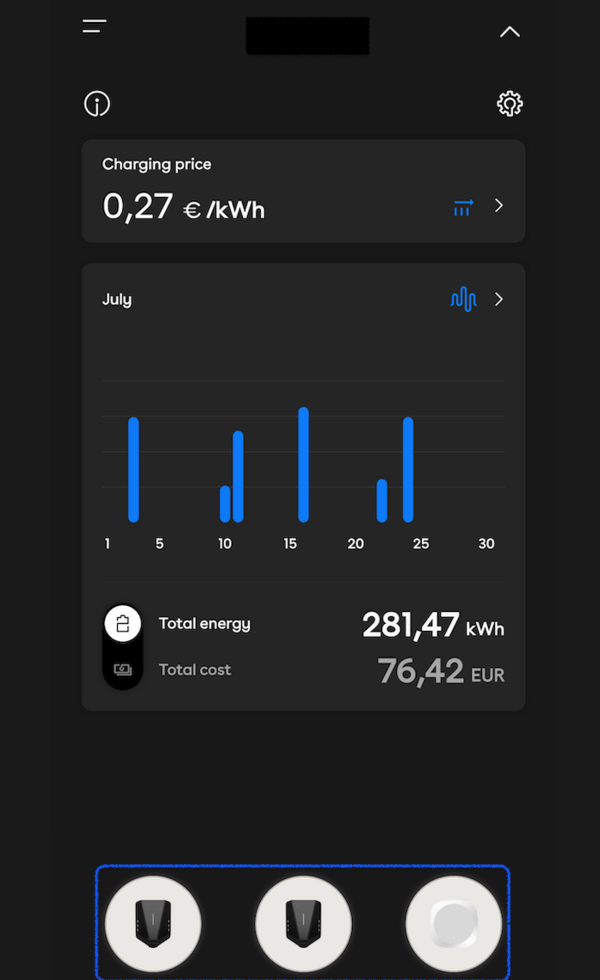 Easee App site overview with the charger selector highlighted