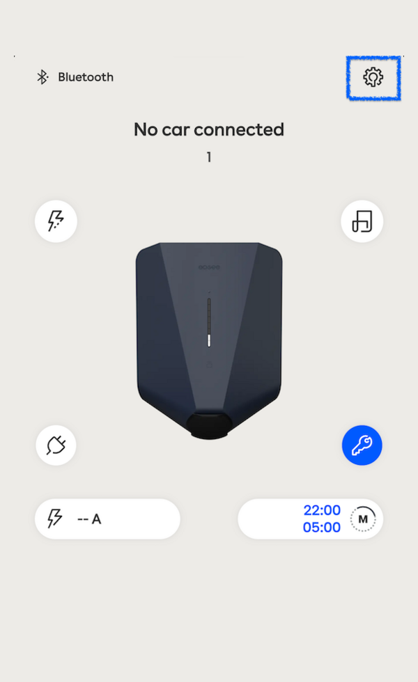 Charger card in the Easee app with the settings icon highlighted