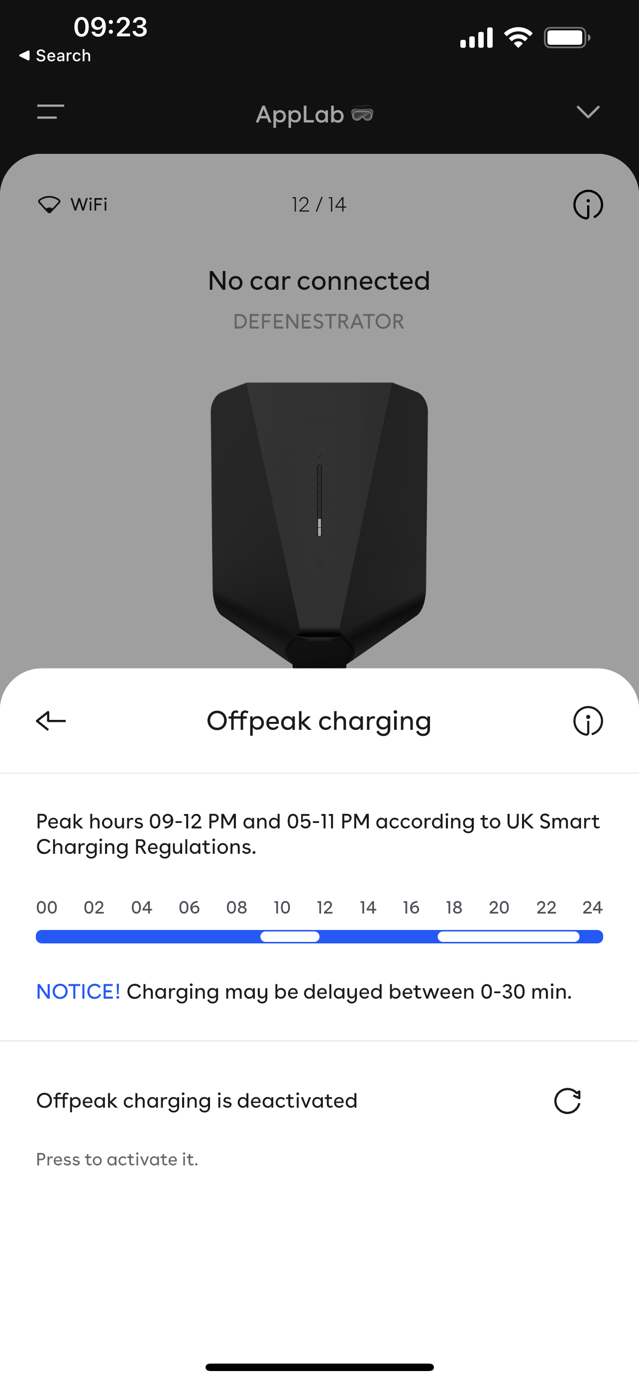 The offpeak charging tab showing that offpeak charging is deactivated.